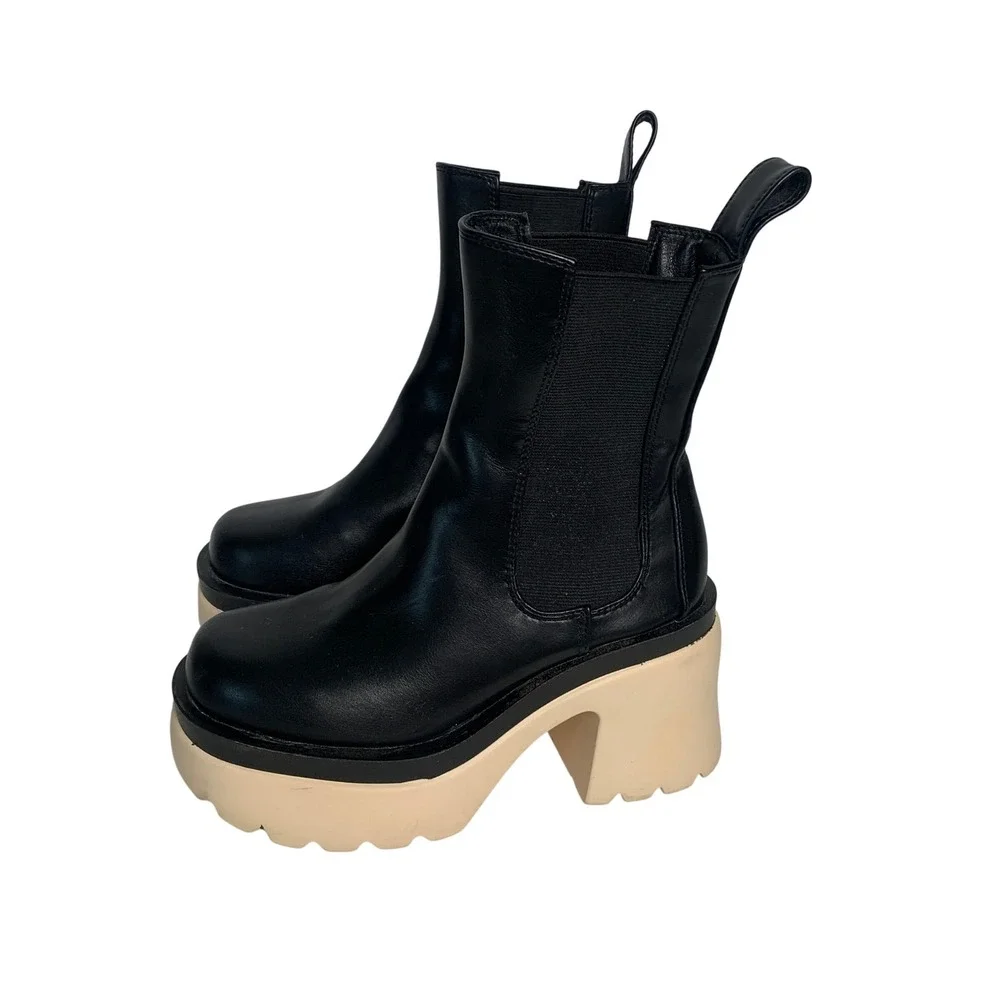 Liliana Womens Black Cream Chunky Platform Block Heel Chelsea Boots Size  5.5